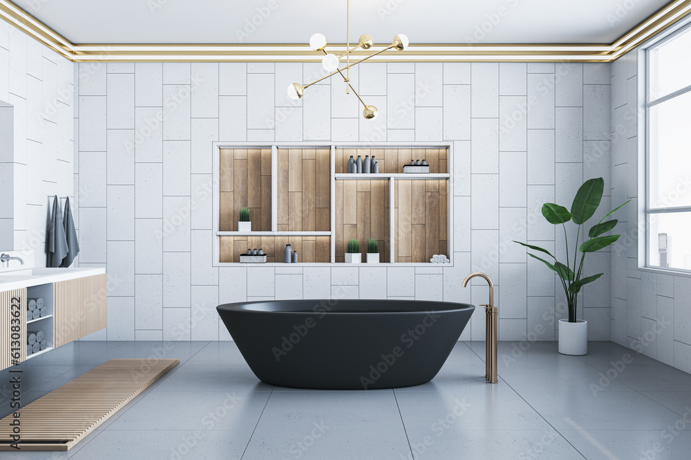 Modern light tile luxury bathroom interior with bath tub, shelves and decorative items. 3D Rendering