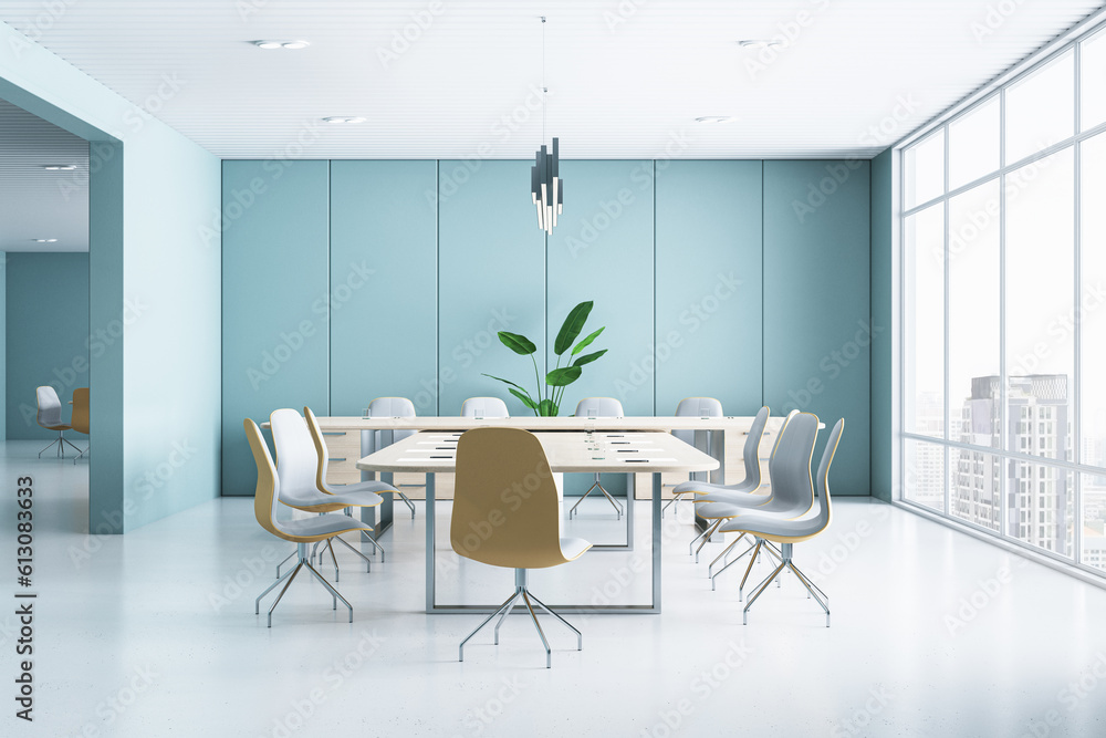 Modern blue meeting room interior with furniture and panoramic window with city view. 3D Rendering.