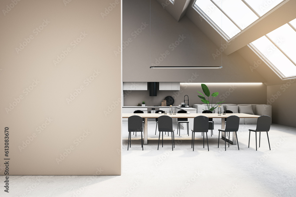 Modern loft kitchen interior with blank mock up place on wall, window and daylight, concrete floorin