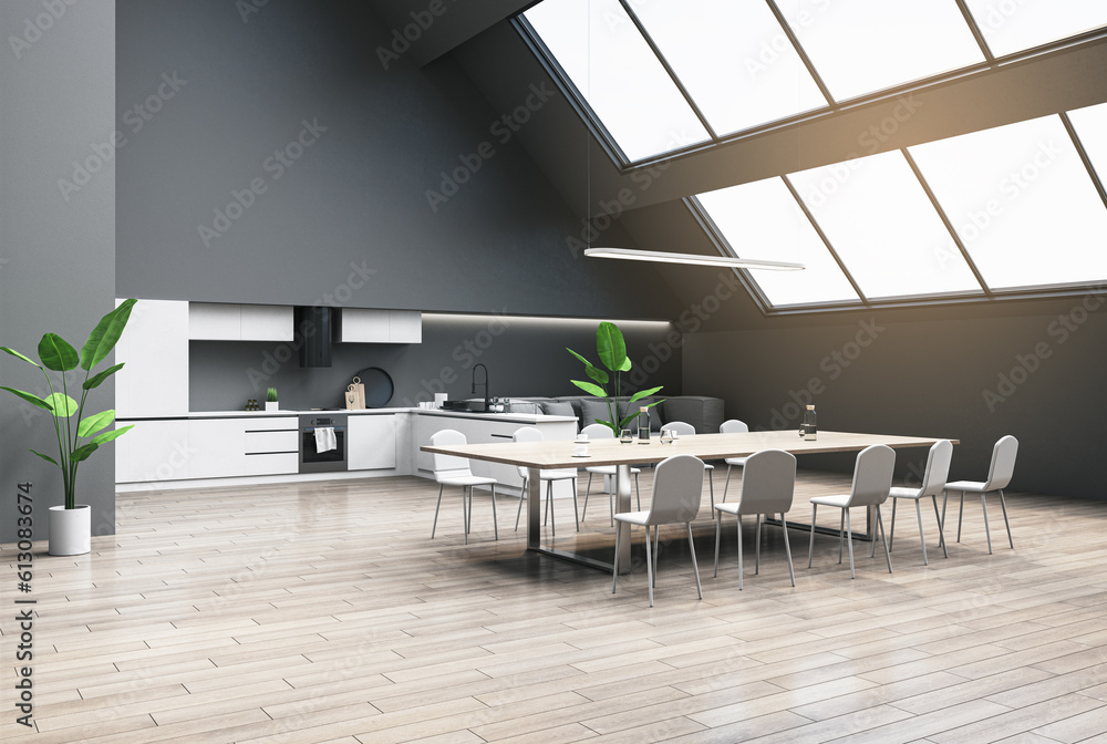 New loft kitchen interior with window and daylight, wooden flooring, furniture and dining table. 3D 