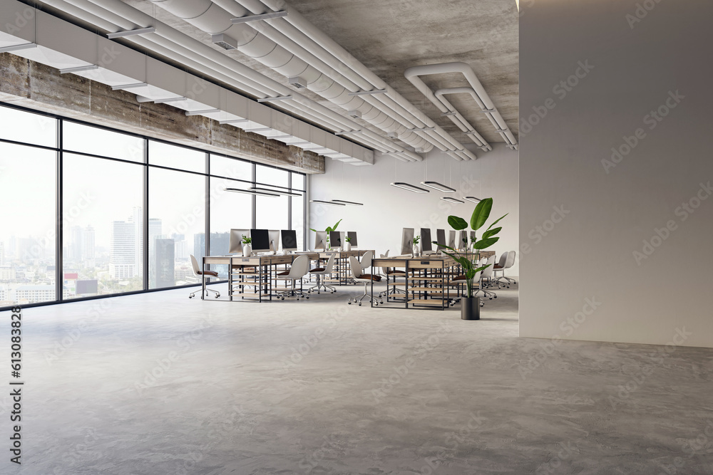 Grey loft office interior with blank wall, 3D Rendering