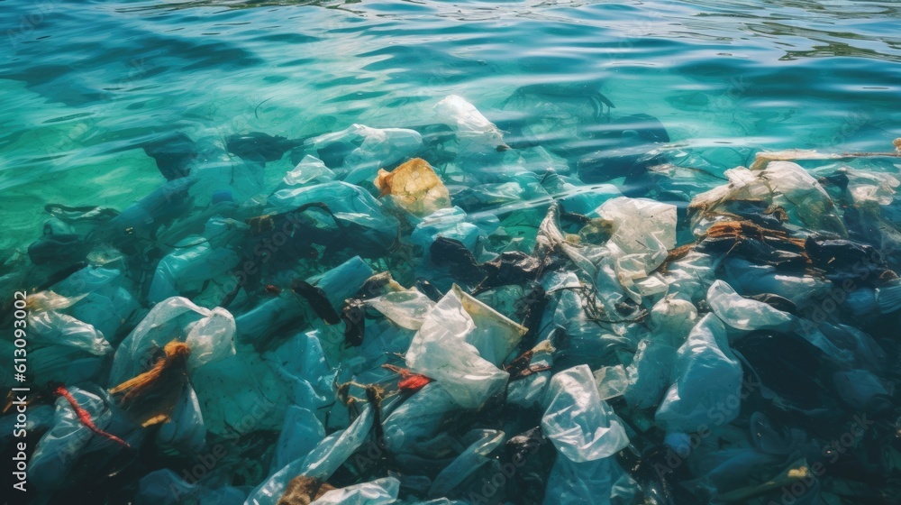 A lot of old plastic and plastic bags in ocean. environmental protection concept. Generetive AI