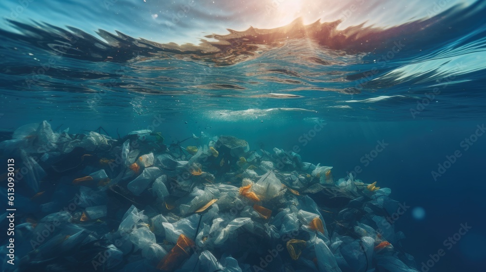 A lot of old plastic and plastic bags in ocean. environmental protection concept. Generetive AI