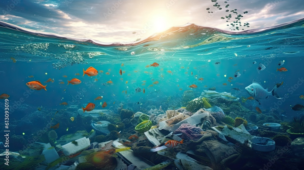 Garbage and fishs in ocean. Environment concept. environmental protection concept. Generetive AI