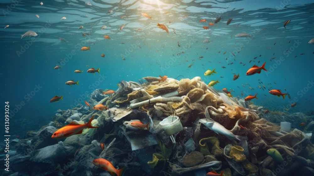 Garbage and fishs in ocean. Environment concept. environmental protection concept. Generetive AI