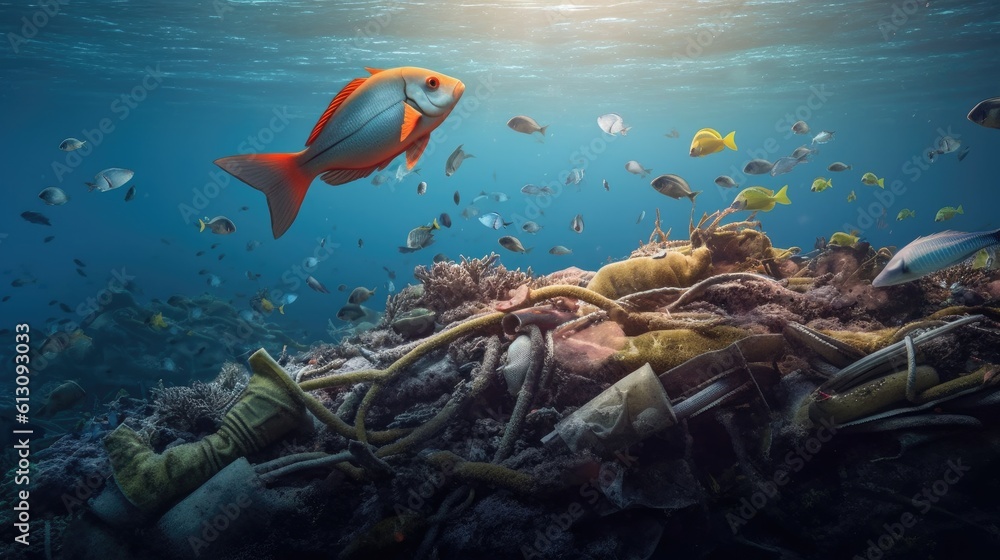 Garbage and fishs in ocean. Environment concept. environmental protection concept. Generetive AI