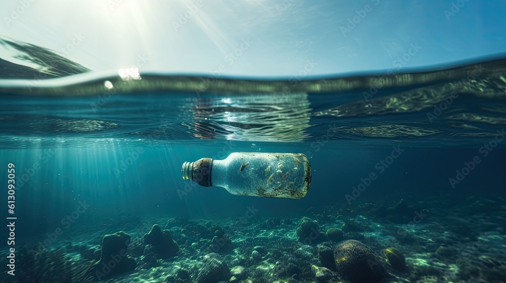 Plastic water bottle pollution in ocean. environmental protection concept. Generetive AI