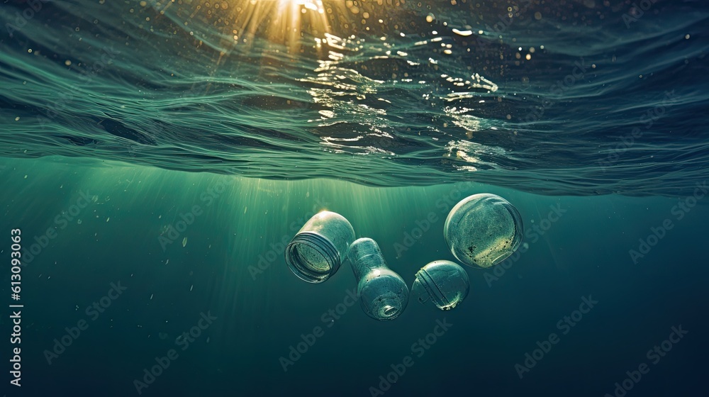 A lot of Plastic water bottles pollution in ocean. environmental protection concept. Generetive AI