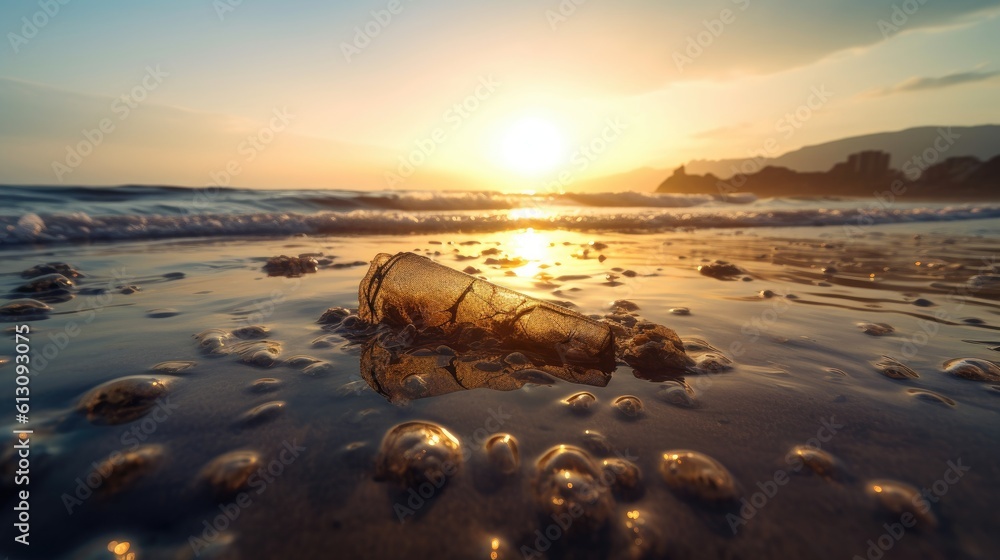 Old plastic bottle in ocean. environmental protection concept. Generetive AI