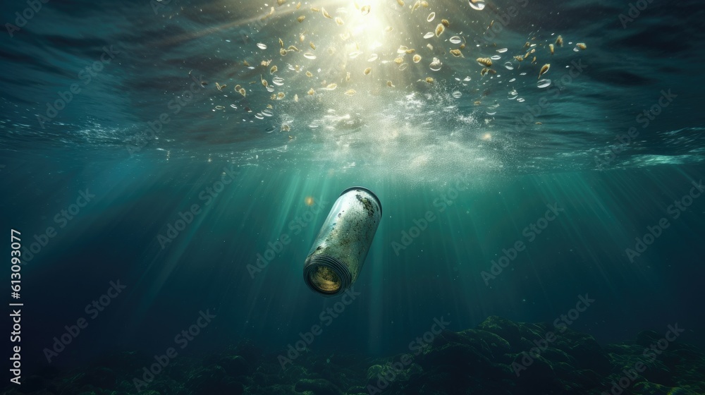 Old plastic bottle in ocean. environmental protection concept. Generetive AI