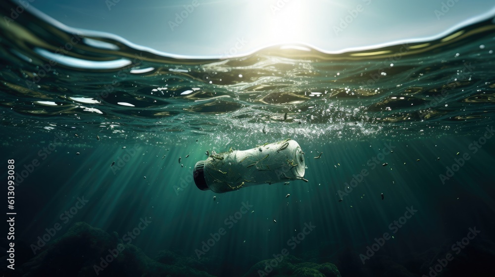 Old plastic bottle in ocean. environmental protection concept. Generetive AI