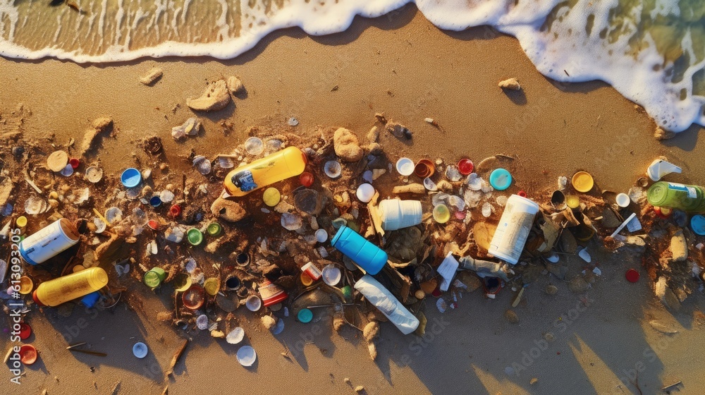 Aerial view of Spilled garbage on beach of ocean. environmental protection concept. Generetive AI