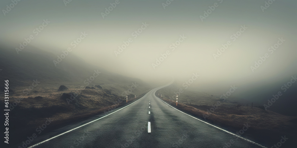 Minimalistic misty empty road. Foggy highway. Mystery travel concept. Generative AI