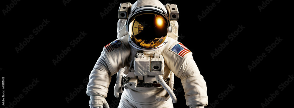 Portrait of astronaut floating in space. Front view on spacesuit technology. Generative AI