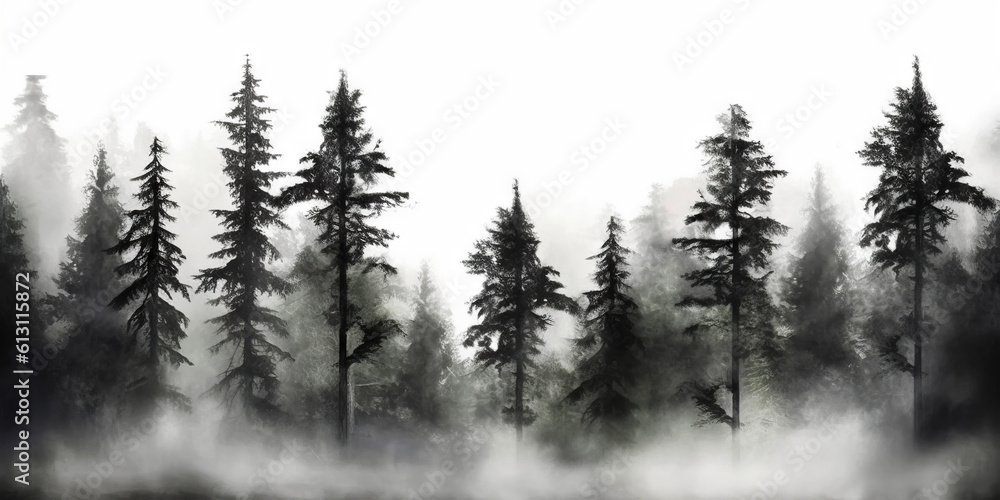 Misty landscape with fir forest in vintage retro style. Generative AI