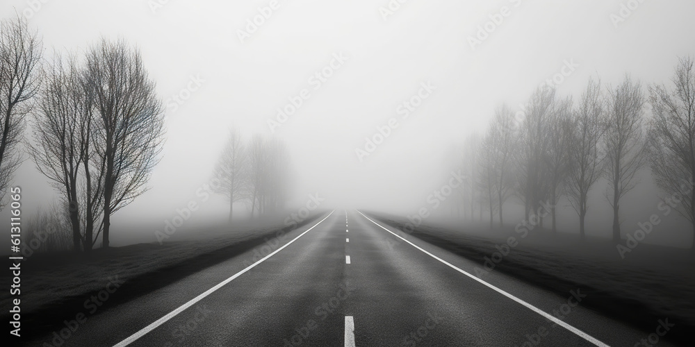 Misty empty road with trees on the side. Foggy highway. Mystery travel concept. Generative AI