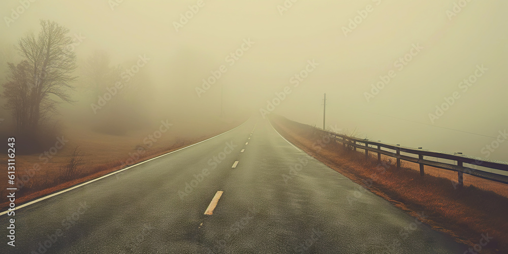 Misty empty road with trees on the side. Foggy highway. Mystery travel concept. Generative AI