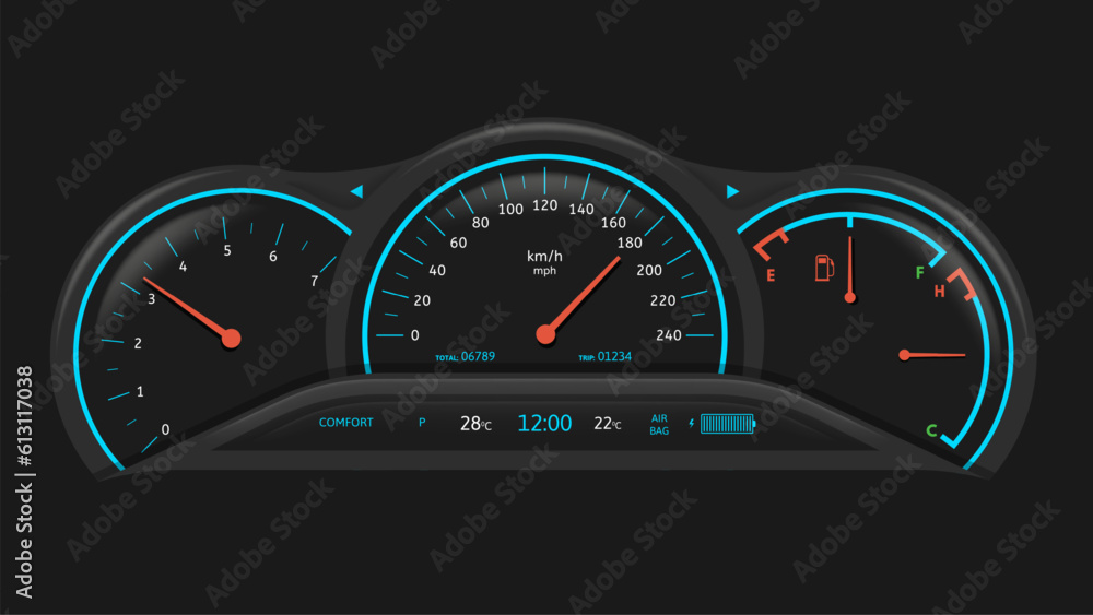 Car dashboard. Vehicle performance monitoring indicators and gauges, fuel level and speedometer ui v