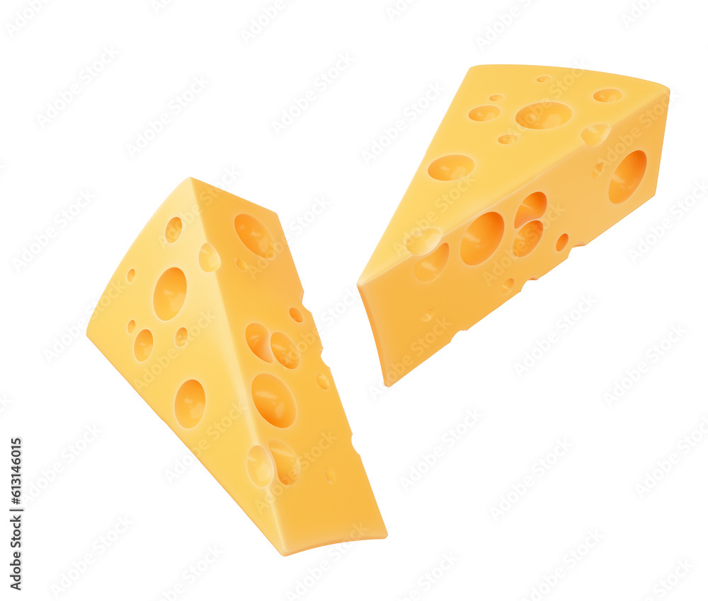 Piece of Cheese isolated on a white background, Cheese Slice 3d rendering with clipping path.