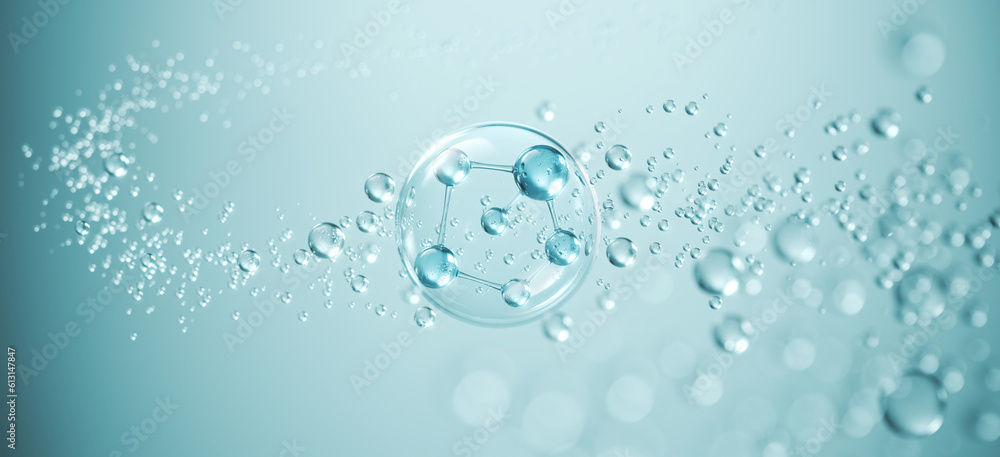 Cosmetic Essence, Liquid bubble, Molecule inside Liquid Bubble on water background, 3d rendering