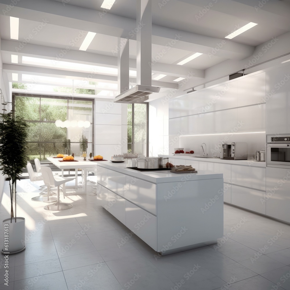 Modern kitchen interior at day time with a way to go to an outside door on the tile floor, there are