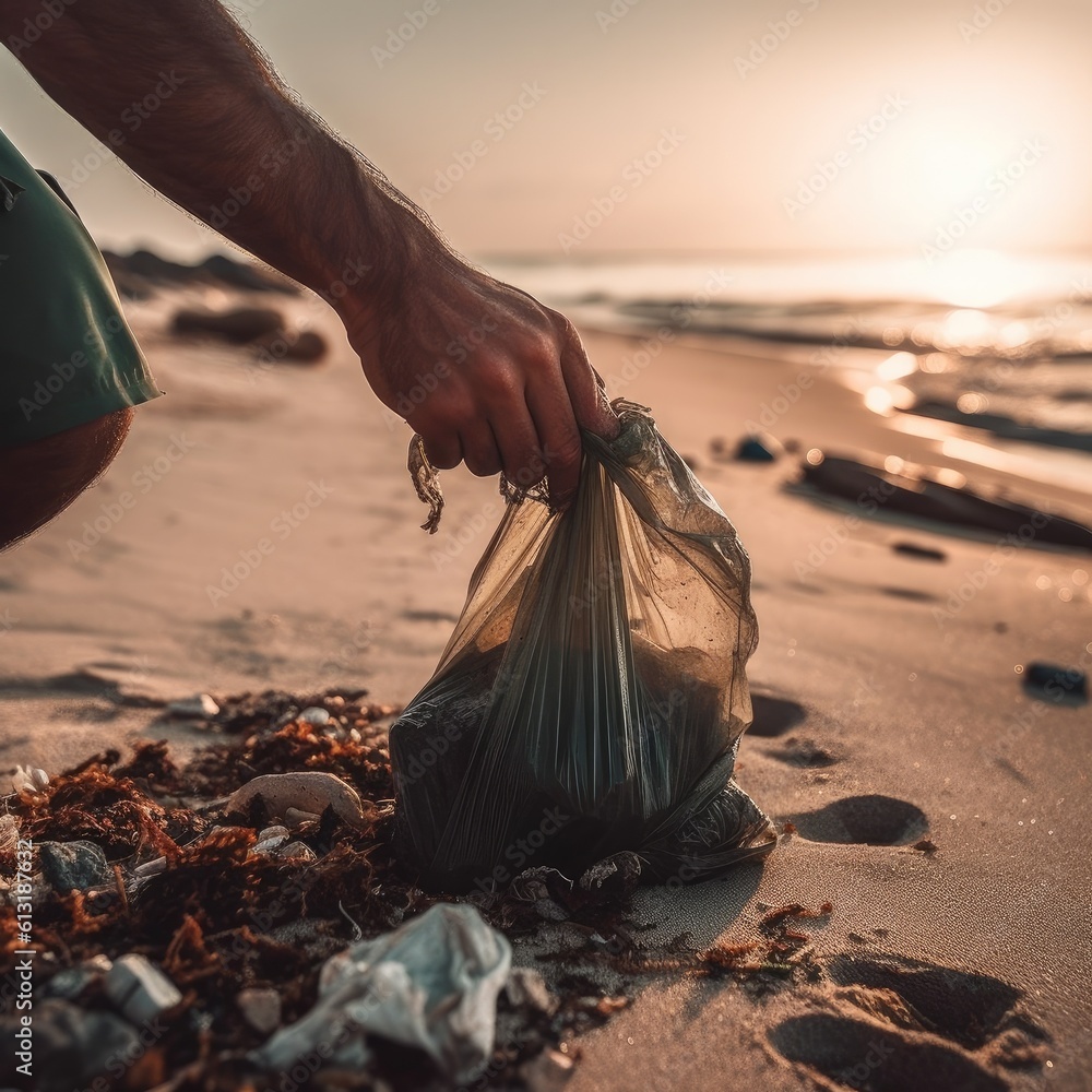 Close up hand of a man collecting garbage on the beach, Concept of cleaning up and respecting the en