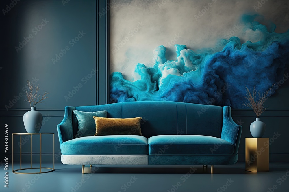 cozy living room with a blue couch and a colorful painting on the wall. Generative AI