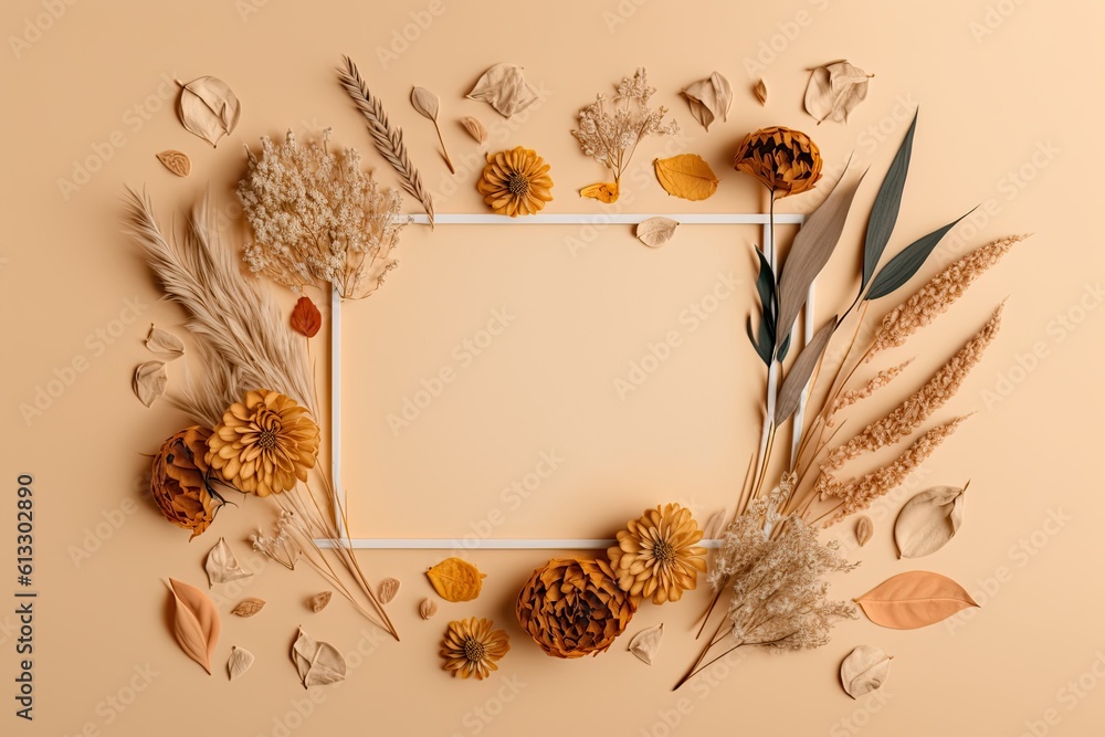 square frame decorated with dried flowers and leaves on a white background. Generative AI