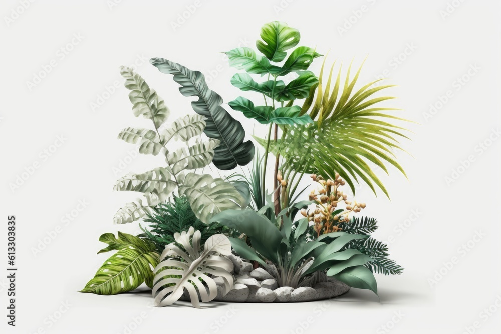 various plants arranged on a plain white background. Generative AI