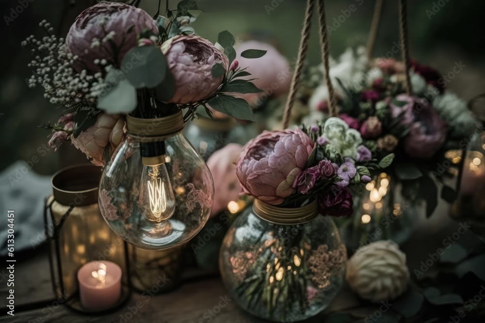 table decorated with colorful vases filled with fresh flowers. Generative AI