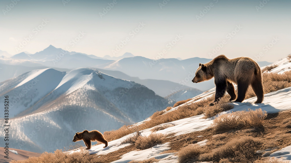 Grizzly bear and cub in the winter mountains. Generative AI.