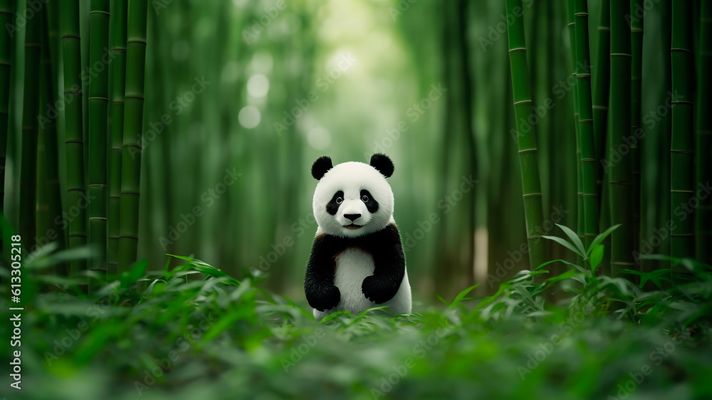 Cute panda bear in bamboo forest. Generative AI.