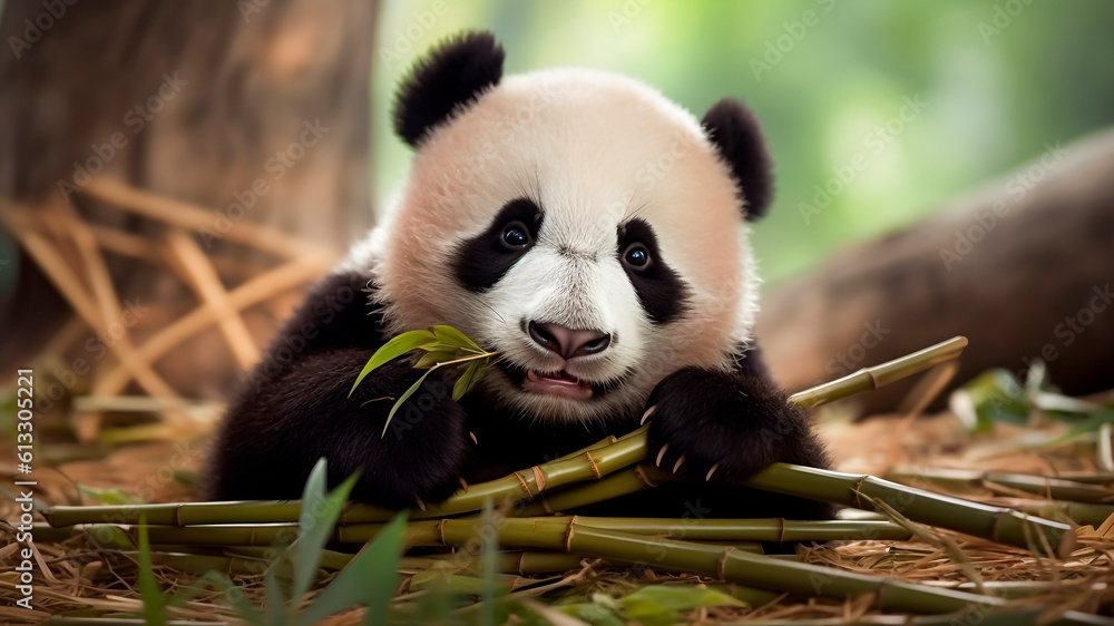 A Cute Panda eating bamboo shoots on forest. Generative AI