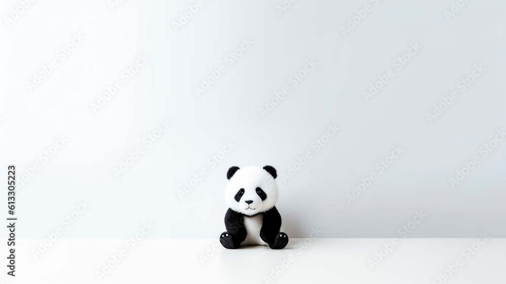 Cute little panda toy sitting on white background with copy space. Generative AI.