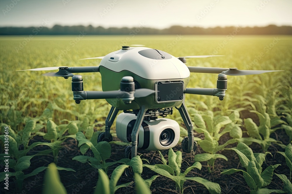 quadcopter drone flying over a green and white field. Generative AI