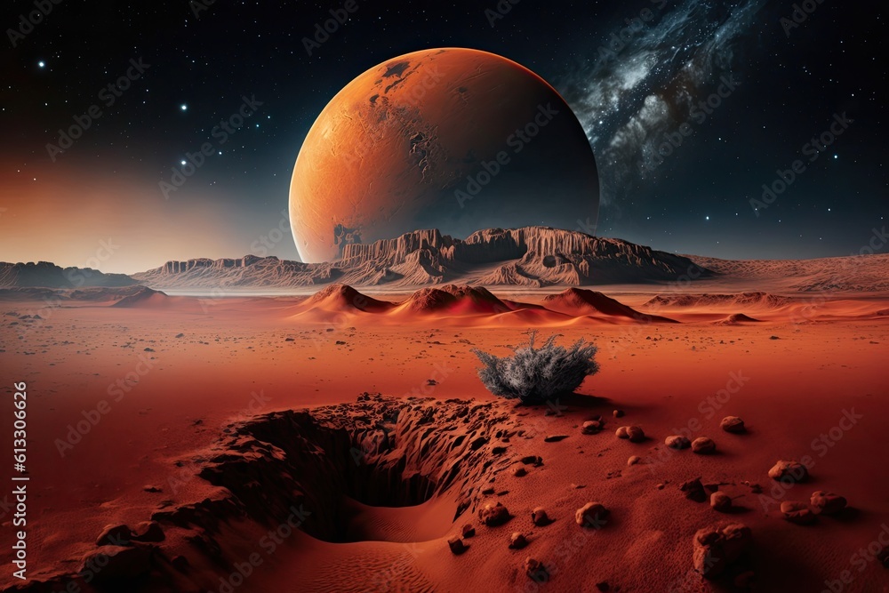 scenic red planet with mountainous terrain and starry sky. Generative AI