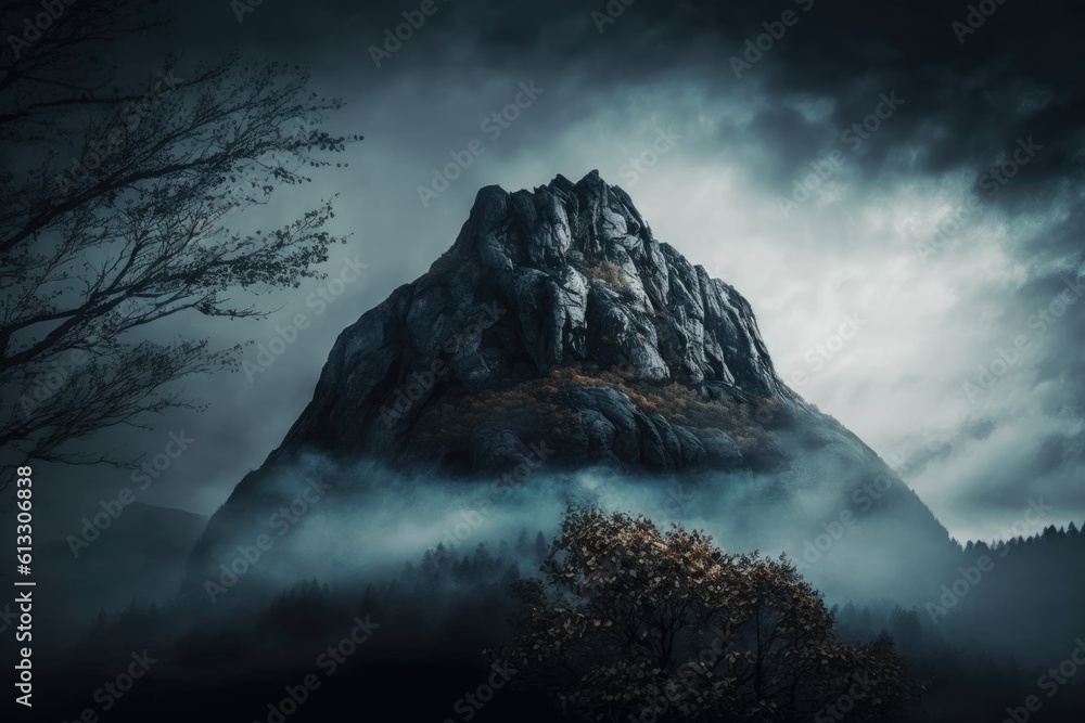 misty forest landscape with a majestic mountain as the centerpiece. Generative AI