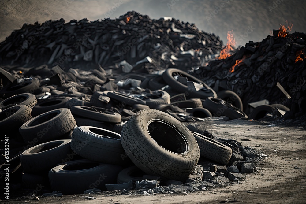 stack of tires placed on a pile of rocks in an outdoor environment. Generative AI