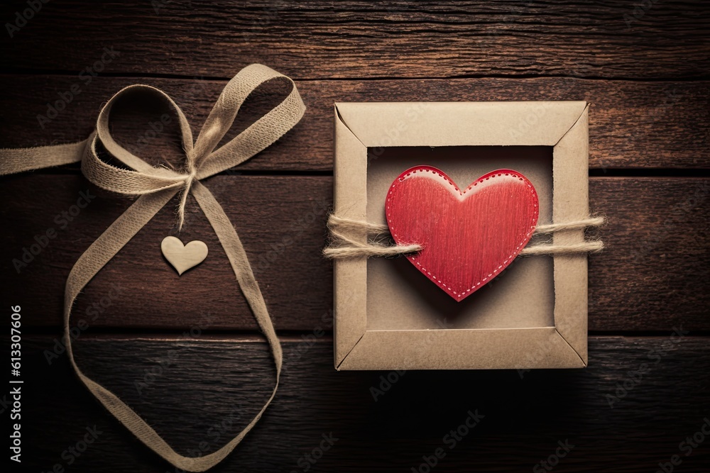 red heart-shaped gift box with a ribbon. Generative AI