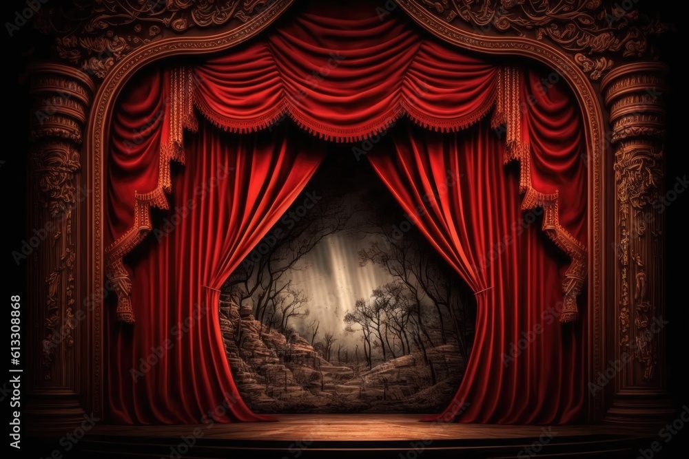 theatrical stage with a vibrant red curtain and a spotlight shining on it. Generative AI