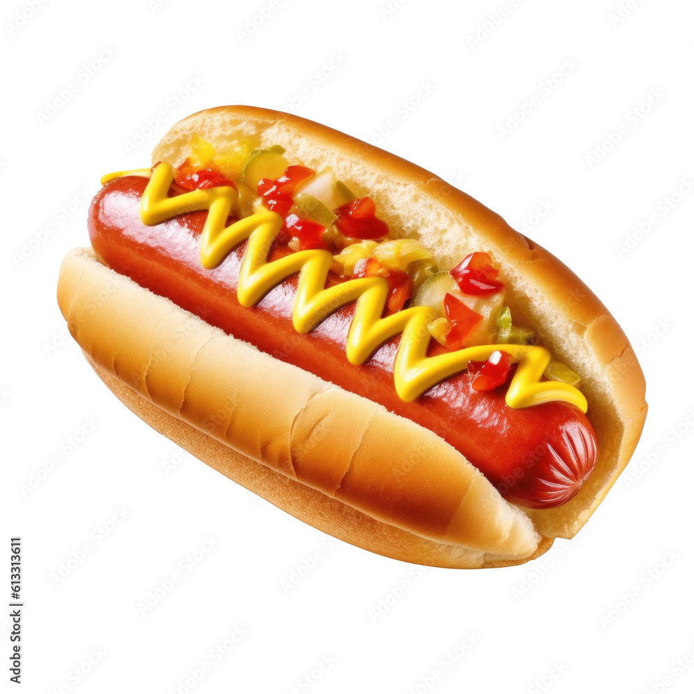 Hot Dog Isolated on white. Illustration AI Generative.