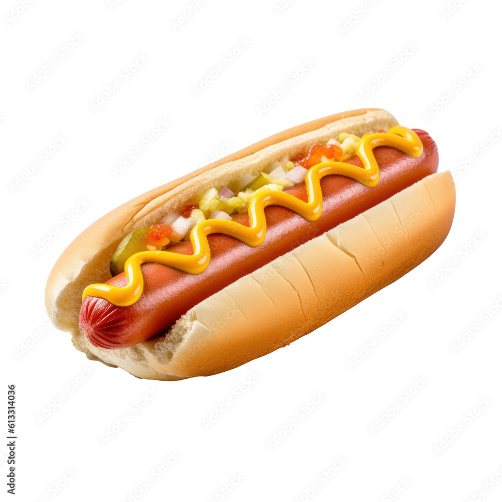 Hot Dog Isolated on white. Illustration AI Generative.