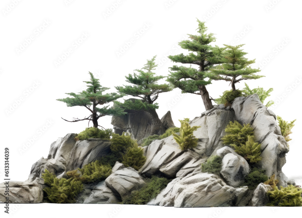 Tree and Rocks Isolated. Illustration AI Generative.