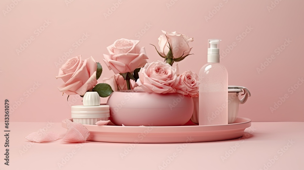 A pastel pink production stand with beautiful fresh roses. Paste for empty areas of products, gentle