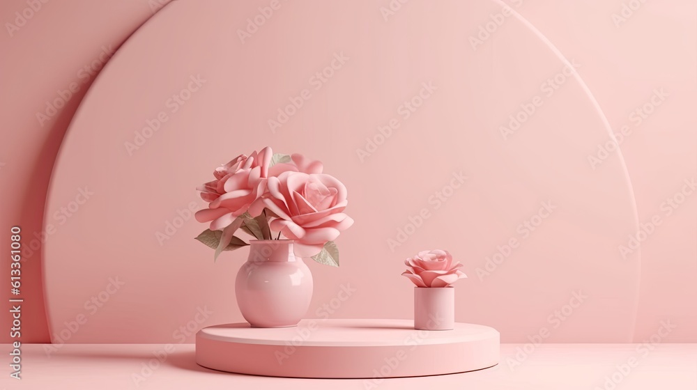 Clean pink minimal podium for product presentation with beautiful fresh roses background. gentle col