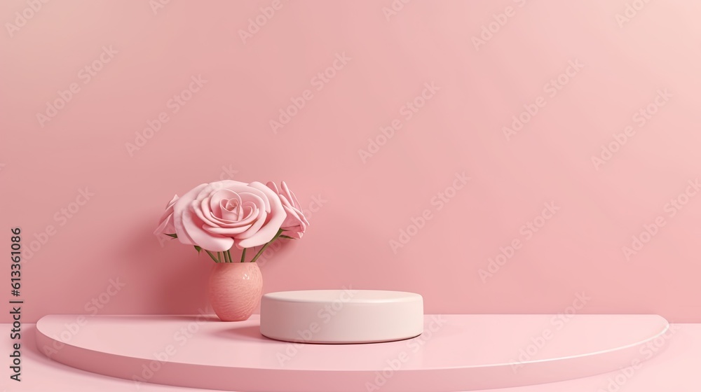 Clean pink minimal podium for product presentation with beautiful fresh roses background. gentle col