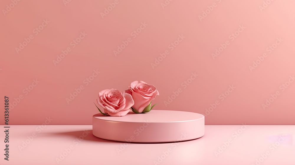 Clean pink minimal podium for product presentation with beautiful fresh roses background. gentle col