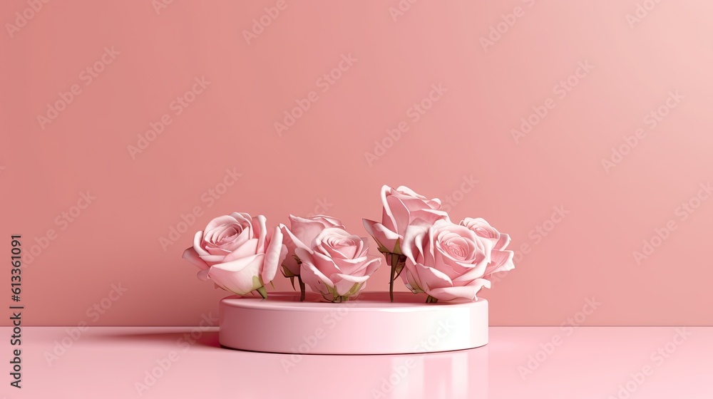 Clean pink minimal podium for product presentation with beautiful fresh roses background. gentle col