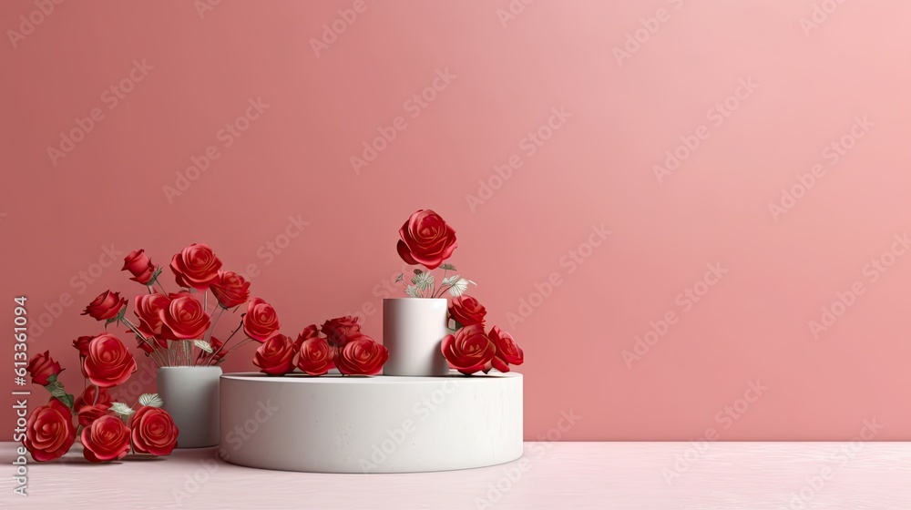 Clean red minimal podium for product presentation with beautiful fresh roses background. Generative 