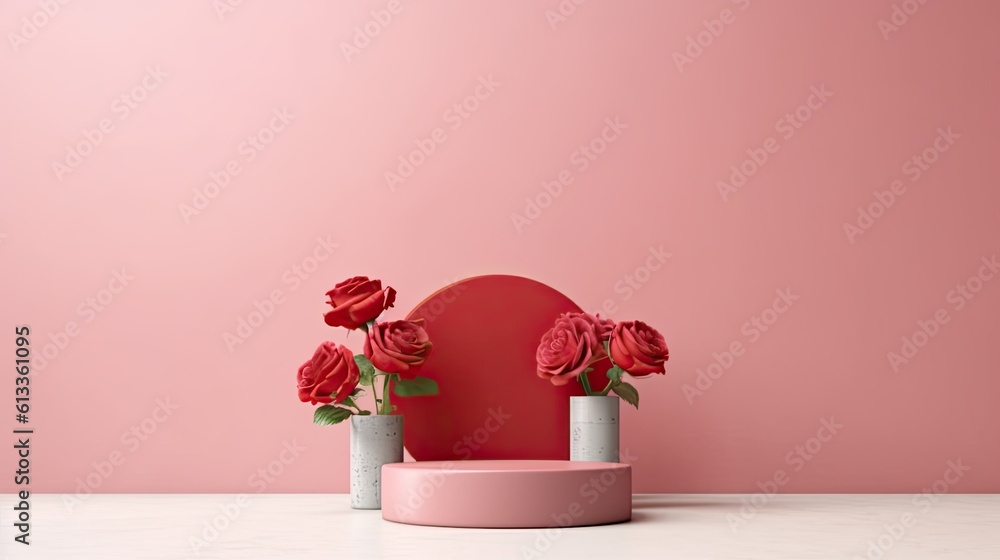 Clean red minimal podium for product presentation with beautiful fresh roses background. Generative 